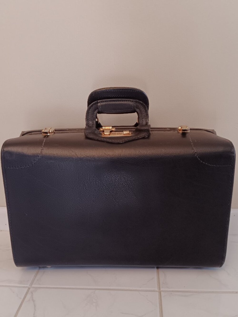 Vintage Mid-Century Black Leather Executive Overnight Case Hardside Suitcase